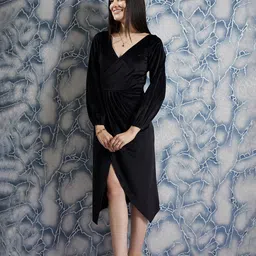 Athena Black V-Neck Long Sleeves Gathered Wrap Midi Dress image 5