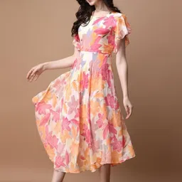 VenderVilla Women Floral Printed Flutter Sleeve Fit And Flared Midi Dress image 4