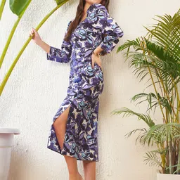 SASSAFRAS Purple Floral Printed Sweetheart Neck Puff Sleeve Pure Cotton Sheath Midi Dress-image-3