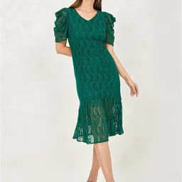 Styli Green Short Sleeves Lace Insert Sheath Midi Dress image 3