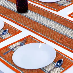 HOKIPO 5 Pieces Orange-Coloured & Beige Geometric Glass Table Placemats & Runner image 2