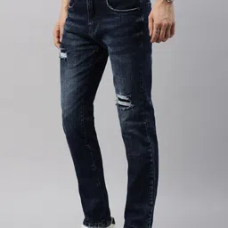CINOCCI Men Slim Fit Mid-Rise Mildly Distressed Light Fade Stretchable Jeans image 3