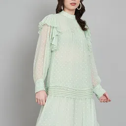 Amagyaa Self Design Mock Neck Drop-Waist Flared Dress image 4