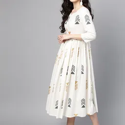 Varanga Women Off-White & Grey Printed Fit and Flare Dress image 3