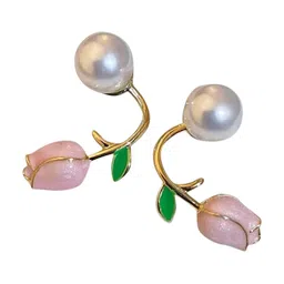 VAGHBHATT Gold-Plated Pearls Beaded Floral Studs Earrings image 2
