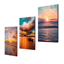 999Store Orange & Blue Set Of 3 Sunsets On Beaches Framed Wall Arts image 3