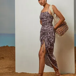 CMGE Floral Print Shoulder Straps Satin Sheath Maxi Dress image 2