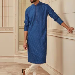 Tasva Men Blue Ethnic Motifs Embroidered Thread Work Kurta with Churidar image 3