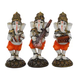 eCraftIndia White 3 Pieces Standing Lord Ganesha Idols Playing Harmonium Orange Showpieces image 3