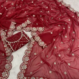 pratyamfashion Embroidered, Embellished, Floral Print, Temple Border, Self Design Bollywood Net Saree image 3
