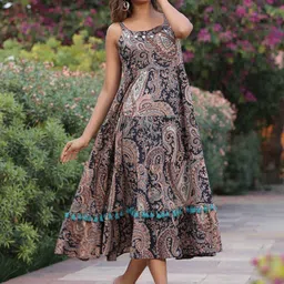 Rain & Rainbow Ethnic Motifs Printed Shoulder Straps Pure Cotton Fit & Flare Midi Dress image 2