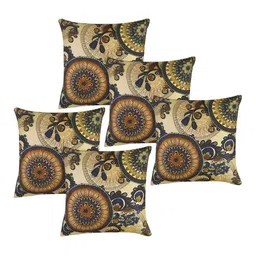 Kuber Industries 5 Pieces Golden & Brown Ethnic Motifs Jute Silk Square Cushion Cover image 2