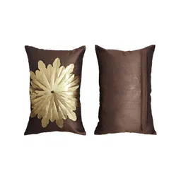 MONKDECOR Brown & Gold-Toned 2 Pieces Floral Embellished Silk Rectangle Cushion Covers image 3