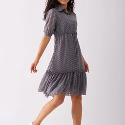 AASK Self Design Shirt Collar Fit & Flare Dress image 3