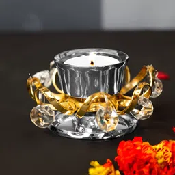 Ekhasa Gold-Toned 2 Pieces Urli Decorative Bowl With Stand & Tealight Holder Home Gift Set image 4