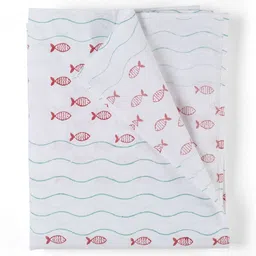 Eyaas Red & White Fishes & Waves Printed 200 TC Cotton King Bedsheet With 2 Pillow Covers image 3