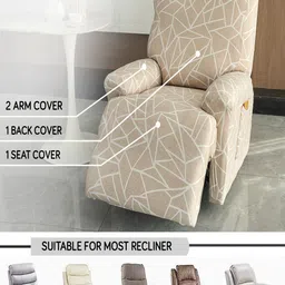HOKIPO Beige & White 1 Seater Printed Recliner Sofa Covers With Arms image 3