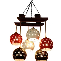 AAKRITI ART CREATIONS Star-6 White & Red Chandelier With Dome Shaped Hanging Lamps image 5