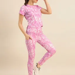 Bannos Swagger Purple Tie and Dye Printed Round Neck T-shirt & Tight image 3