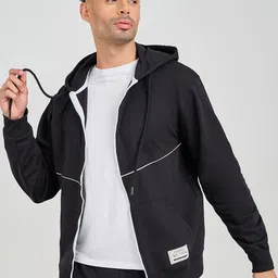 Styli Men Black Contrast Piping Detail Zip Through Fleece Tracksuit image 3