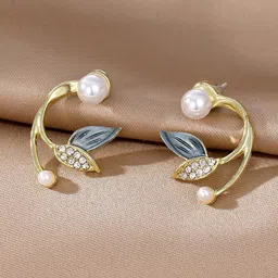Krelin Gold-Plated Stainless Steel Beads Beaded Leaf Shaped Studs Earrings image 4