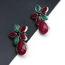 Ozanoo Silver-Plated Floral Stone Studded Oxidised Earrings image 2