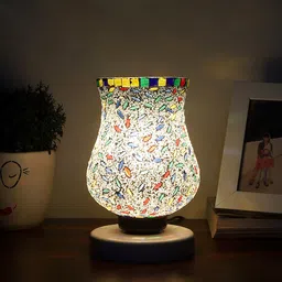 Devansh White & Red Printed Wooden Round Table Lamp With Mosaic Glass image 3