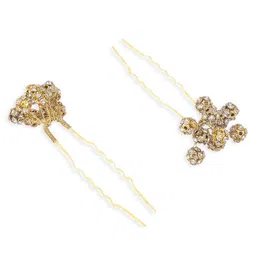 hair drama co. HAIR DRAMA COMPANY Women Gold-Toned & White Set of 4 Embellished U Pins image 3