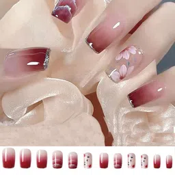 Secret Lives 24 Pieces Red Sky Camellia Glitter Nail Extensions-picture-22