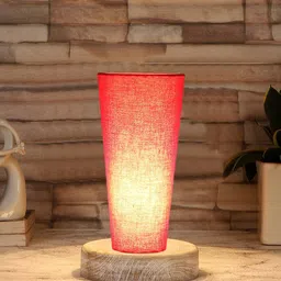 Devansh Red Cotton Cylinder Table Lamps With Brown Round Wood Base image 2