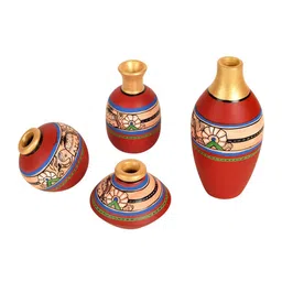 AAKRITI ART CREATIONS Red 4 Pieces Rustic Madhubani Printed Vases image 4