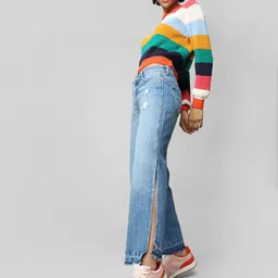 ONLY Women Blue Flared Mildly Distressed Light Fade Jeans image 4