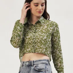 DressBerry Green Floral Print Georgette Shirt Style Crop Top image 2