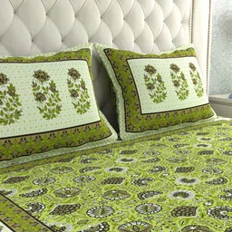 LA VERNE Green & Brown Floral 210 TC Cotton King Bedsheet with 2 Pillow Covers image 4