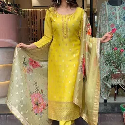 KALINI Floral Woven Design Straight Kurta & Trousers With Dupatta image 4
