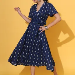 DECKEDUP Ethnic Motifs Printed V-Neck Tie-Ups Cotton Wrap Midi Dress image 4