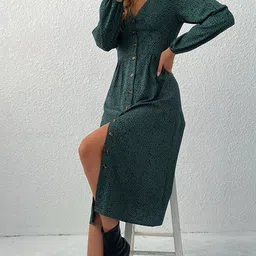 StyleCast Green Animal Printed A-Line Cotton Midi Dress image 5