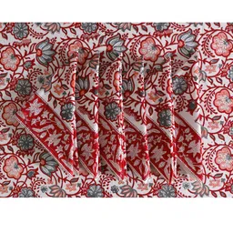 handicraft palace White & Red 6 Seater Lotus Floral Hand Block Printed Cotton Table Cover & 6 Piece Napkins image 4
