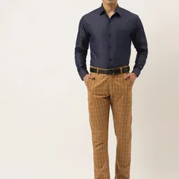 JAINISH Men Brown Checked Pure Cotton Smart Tapered Fit Easy Wash Trousers image 2