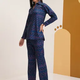 Vishudh Navy  Ethnic Motifs Printed Shirt Collar Shirt With Elasticated Trousers image 3