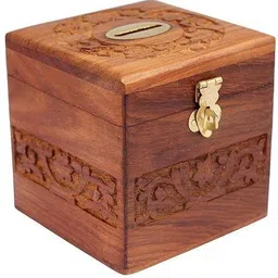 nobble Wooden Piggy Bank, Coin Box with carving for kids/Children. with Lock, Gullak Coin Bank image 3