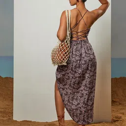 CMGE Floral Print Shoulder Straps Satin Sheath Maxi Dress image 3