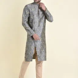 TABARD Men Grey Ethnic Motifs Printed Angrakha Pure Cotton Kurta with Churidar image 5