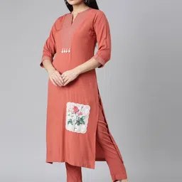 Neerus Notched Neck Straight Kurta with Trousers image 4