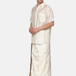 Sethukrishna Men Cream-Coloured & White Shirt with Dhoti Pants image 4