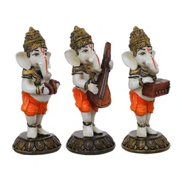 eCraftIndia White 3 Pieces Standing Lord Ganesha Idols Playing Harmonium Orange Showpieces image 4