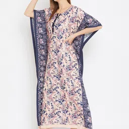 The Kaftan Company Pink & Navy Blue Floral Printed Kaftan Nightdress image 2