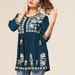 Winza Designer Women Blue Floral Embroidered Top image 3