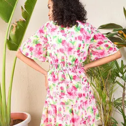 SASSAFRAS Floral Printed Flared Sleeve Layered Georgette Fit & Flare Dress image 3