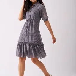 AASK Self Design Shirt Collar Fit & Flare Dress image 4